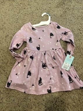 Kids Long Sleeve lavender Cat Print Dress